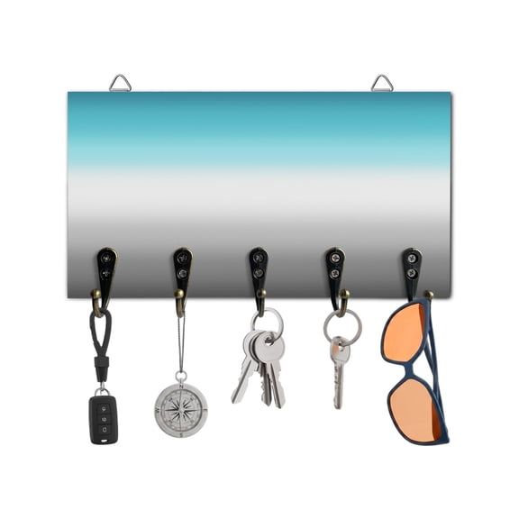 Key Holder for Wall Teal White Grey Key Hooks Wood Wall Mounted Key Holder Gradient Color Key Rack Organizer with 5 Hooks for Entryway, Hallway Office Bathroom Kitchen Home Decor