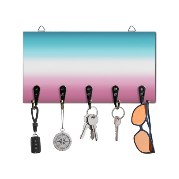 Key Holder for Wall Teal White Pink Key Hooks Wood Wall Mounted Key Holder Gradient Color Key Rack Organizer with 5 Hooks for Entryway, Hallway Office Bathroom Kitchen Home Decor