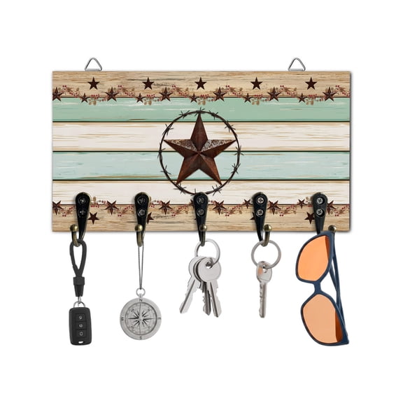 Key Holder for Wall Texas Star Teal Green Key Hooks Wood Wall Mounted Key Holder Farm Wood Grain Key Rack Organizer with 5 Hooks for Entryway, Hallway Office Bathroom Kitchen Home Decor
