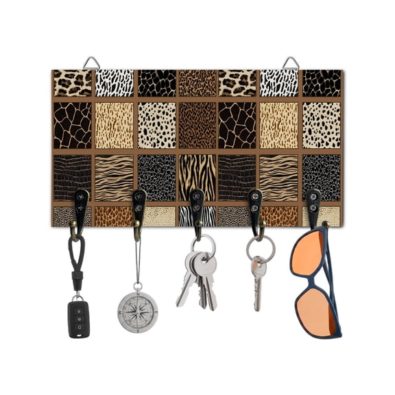 Key Holder for Wall Tiger Leopard Zebra Print Key Hooks Wood Wall Mounted Key Holder Brown Animal Fur Plaid Key Rack Organizer with 5 Hooks for Entryway, Hallway Office Bathroom Kitchen Home Decor