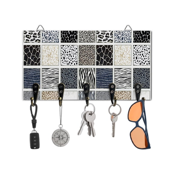 Key Holder for Wall Tiger Leopard Zebra Print Key Hooks Wood Wall Mounted Key Holder Grey Animal Fur Plaid Key Rack Organizer with 5 Hooks for Entryway, Hallway Office Bathroom Kitchen Home Decor