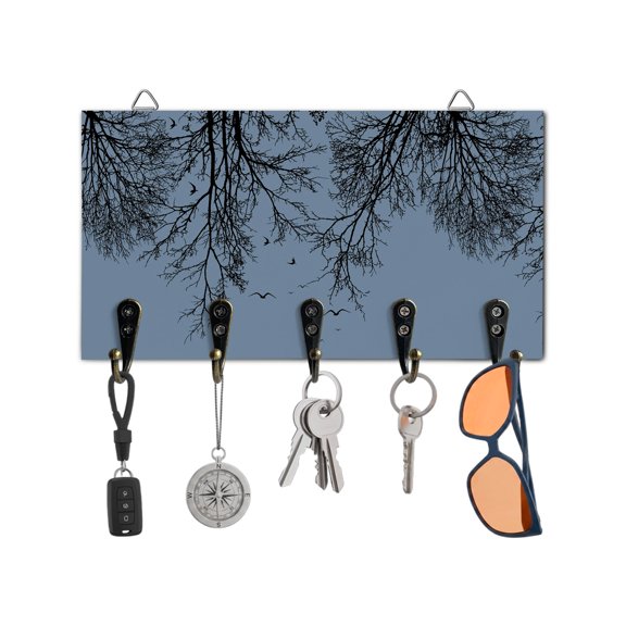 Key Holder for Wall Tree Branches Bird Key Hooks Wood Wall Mounted Key Holder Blue Black Twigs Deadwood Key Rack Organizer with 5 Hooks for Entryway, Hallway Office Bathroom Kitchen Home Decor