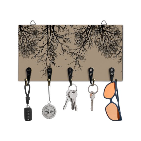 Key Holder for Wall Tree Branches Bird Key Hooks Wood Wall Mounted Key Holder Khaki Black Twigs Deadwood Key Rack Organizer with 5 Hooks for Entryway, Hallway Office Bathroom Kitchen Home Decor