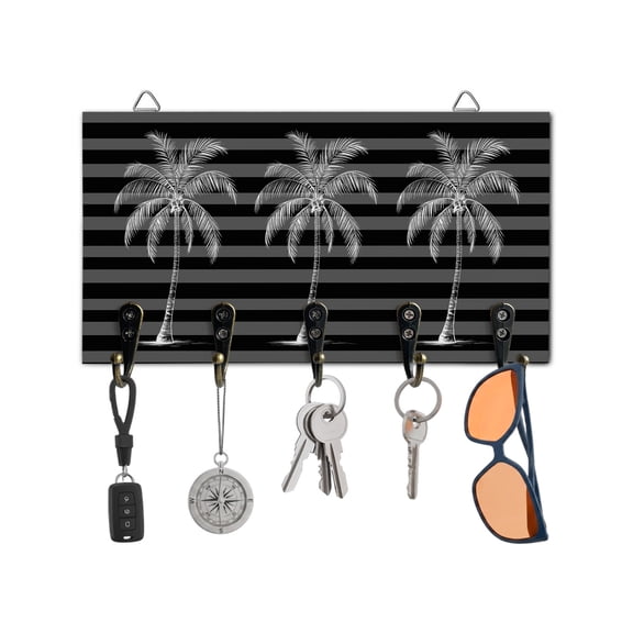 Key Holder for Wall Tropical Coconut Tree Key Hooks Wood Wall Mounted Key Holder Summer Coastal Black Stripes Key Rack Organizer with 5 Hooks for Entryway, Hallway Office Bathroom Kitchen Home Decor