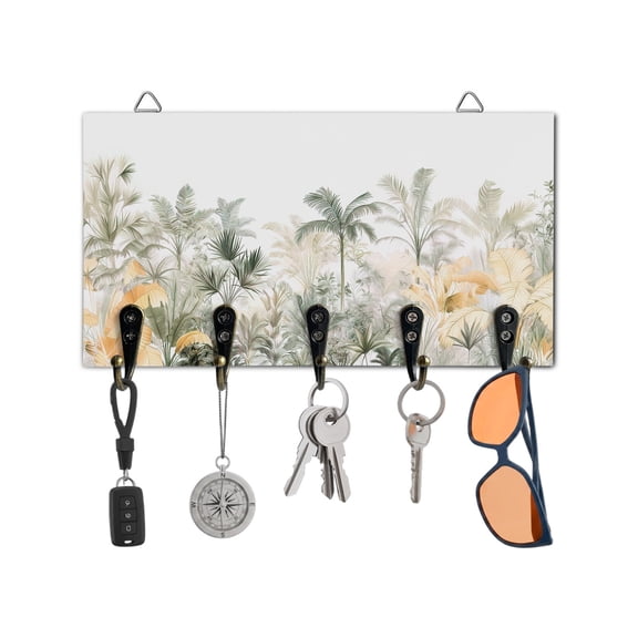 Key Holder for Wall Tropical Forest Key Hooks Wood Wall Mounted Key Holder Monstera Palm Tree Key Rack Organizer with 5 Hooks for Entryway, Hallway Office Bathroom Kitchen Home Decor