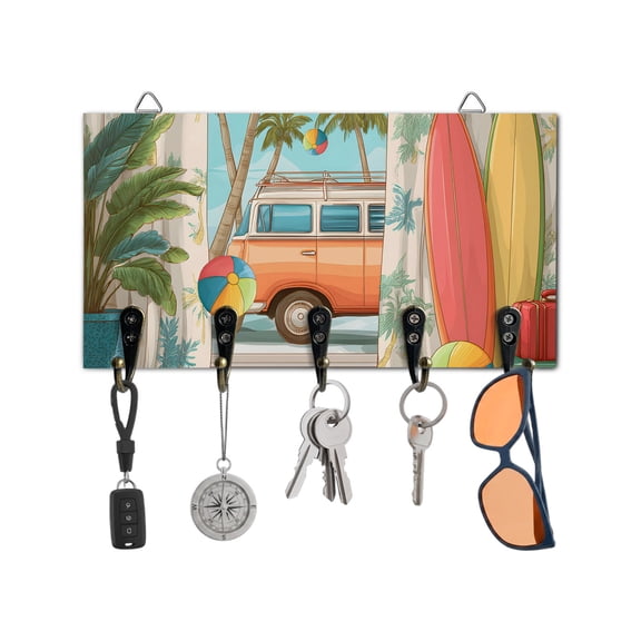 Key Holder for Wall Tropical Palm Leaves Key Hooks Wood Wall Mounted Key Holder Camper Van Surfboard Balls Key Rack Organizer with 5 Hooks for Entryway, Hallway Office Bathroom Kitchen Home Decor