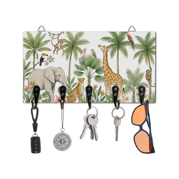 Key Holder for Wall Tropical Palm Tree Key Hooks Wood Wall Mounted Key Holder Forest Animal Elephant Giraffe Key Rack Organizer with 5 Hooks for Entryway, Hallway Office Bathroom Kitchen Home Decor