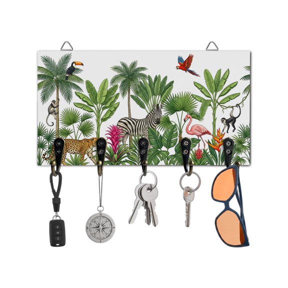 Key Holder for Wall Tropical Palm Tree Key Hooks Wood Wall Mounted Key Holder Forest Animal Flamigo Zebra Leopard Key Rack Organizer with 5 Hooks for Entryway, Hallway Office Bathroom Kitchen Decor