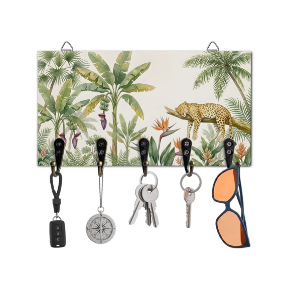 Key Holder for Wall Tropical Palm Tree Key Hooks Wood Wall Mounted Key Holder J Exotic Ungle Animal Leopard Key Rack Organizer with 5 Hooks for Entryway, Hallway Office Bathroom Kitchen Home Decor