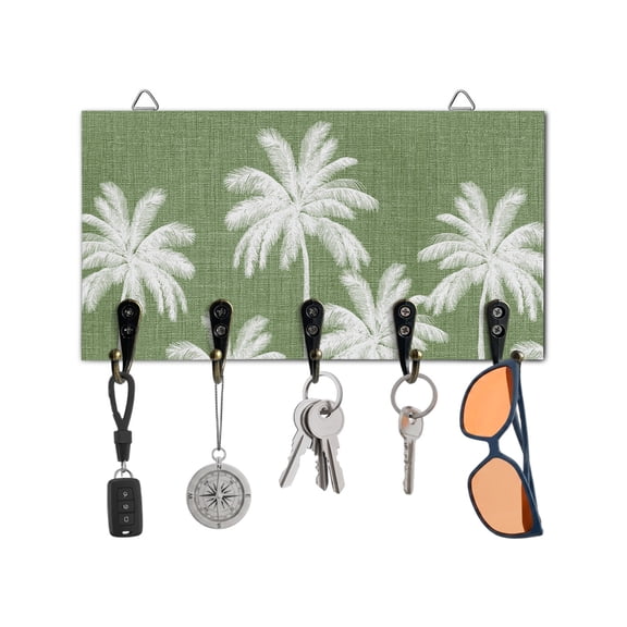 Key Holder for Wall Tropical Palm Trees Key Hooks Wood Wall Mounted Key Holder Green Linen Coastal Key Rack Organizer with 5 Hooks for Entryway, Hallway Office Bathroom Kitchen Home Decor
