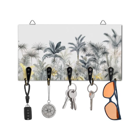 Key Holder for Wall Tropical Plants Key Hooks Wood Wall Mounted Key Holder Monstera Palm Tree Key Rack Organizer with 5 Hooks for Entryway, Hallway Office Bathroom Kitchen Home Decor