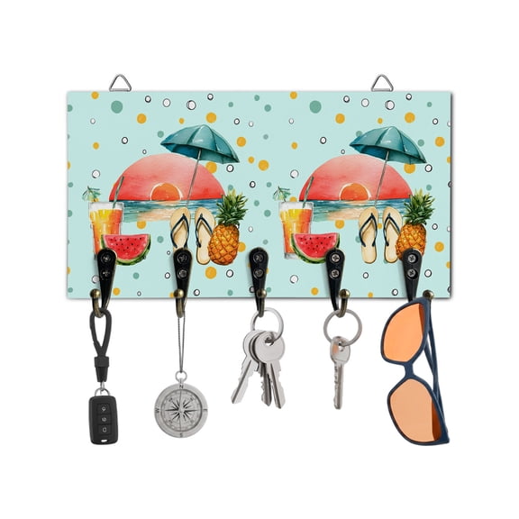 Key Holder for Wall Tropical Summer Beach Sunset Key Hooks Wood Wall Mounted Key Holder Pineapple Watermelon Key Rack Organizer with 5 Hooks for Entryway, Hallway Office Bathroom Kitchen Home Decor