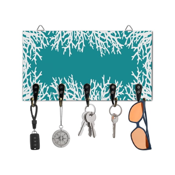 Key Holder for Wall Turquoise Coral Key Hooks Wood Wall Mounted Key Holder Coastal Marine Life Key Rack Organizer with 5 Hooks for Entryway, Hallway Office Bathroom Kitchen Home Decor