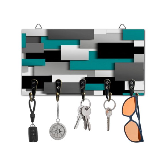 Key Holder for Wall Turquoise Geometric Key Hooks Wood Wall Mounted Key Holder Modern Abstract Checkered Key Rack Organizer with 5 Hooks for Entryway, Hallway Office Bathroom Kitchen Home Decor