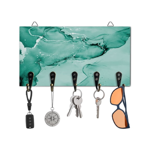Key Holder for Wall Turquoise Marble Key Hooks Wood Wall Mounted Key Holder Abstract Waves Cloud Key Rack Organizer with 5 Hooks for Entryway, Hallway Office Bathroom Kitchen Home Decor