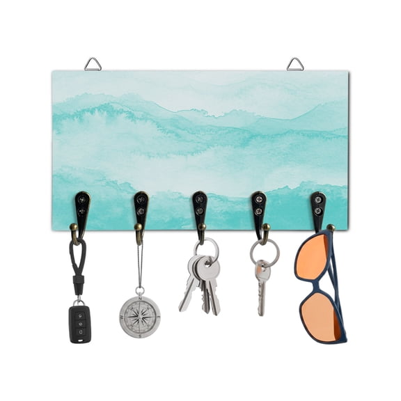 Key Holder for Wall Turquoise Mountain Key Hooks Wood Wall Mounted Key Holder Ombre Abstract Natural Key Rack Organizer with 5 Hooks for Entryway, Hallway Office Bathroom Kitchen Home Decor
