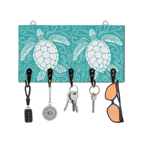 Key Holder for Wall Turquoise Sea Turtle Key Hooks Wood Wall Mounted Key Holder Coastal Marine Life Waves Key Rack Organizer with 5 Hooks for Entryway, Hallway Office Bathroom Kitchen Home Decor