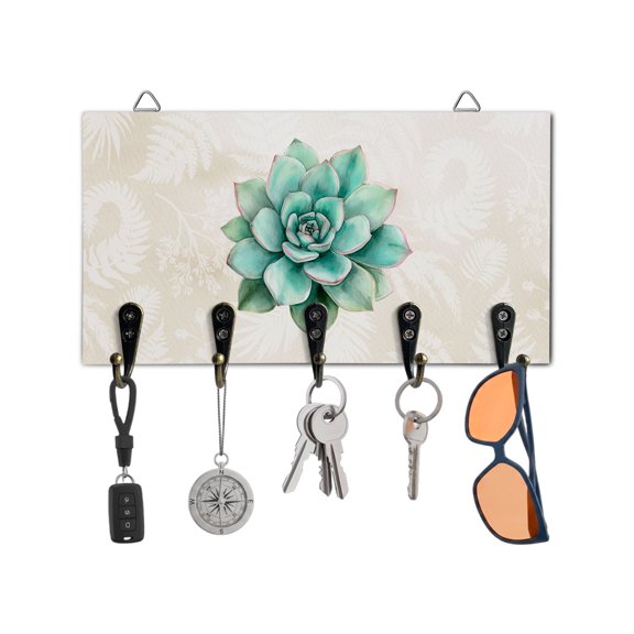 Key Holder for Wall Turquoise Succulent Key Hooks Wood Wall Mounted Key Holder Green Leaves Ferns Plants Key Rack Organizer with 5 Hooks for Entryway, Hallway Office Bathroom Kitchen Home Decor