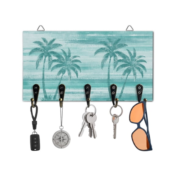 Key Holder for Wall Turquoise Summer Palm Tree Key Hooks Wood Wall Mounted Key Holder Tropical Leaves Plant Key Rack Organizer with 5 Hooks for Entryway, Hallway Office Bathroom Kitchen Home Decor