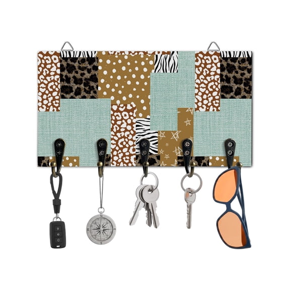 Key Holder for Wall Vintage Patchwork Collage Key Hooks Wood Wall Mounted Key Holder Linen Zebra Leopard Print Key Rack Organizer with 5 Hooks for Entryway, Hallway Office Bathroom Kitchen Decor