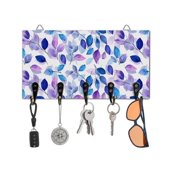 Key Holder for Wall Watercolor Blue Purple Key Hooks Wood Wall Mounted Key Holder Tree Leaf Key Rack Organizer with 5 Hooks for Entryway, Hallway Office Bathroom Kitchen Home Decor