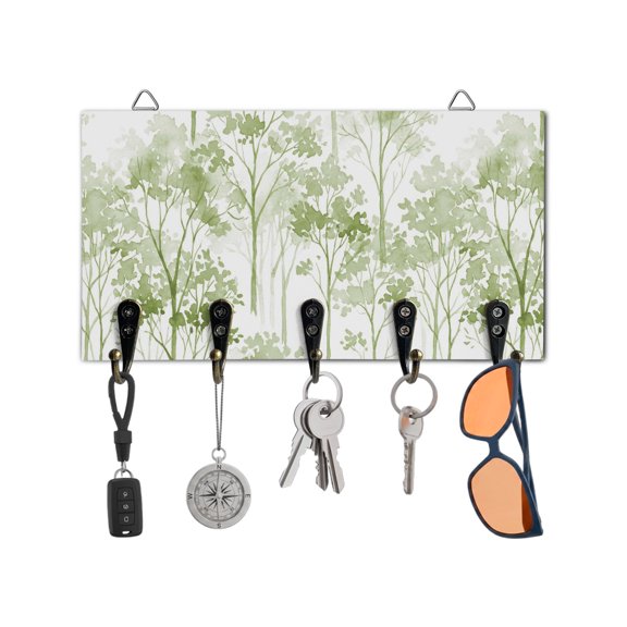 Key Holder for Wall Watercolor Trees Key Hooks Wood Wall Mounted Key Holder Sage Green Leaves Forest Key Rack Organizer with 5 Hooks for Entryway, Hallway Office Bathroom Kitchen Home Decor