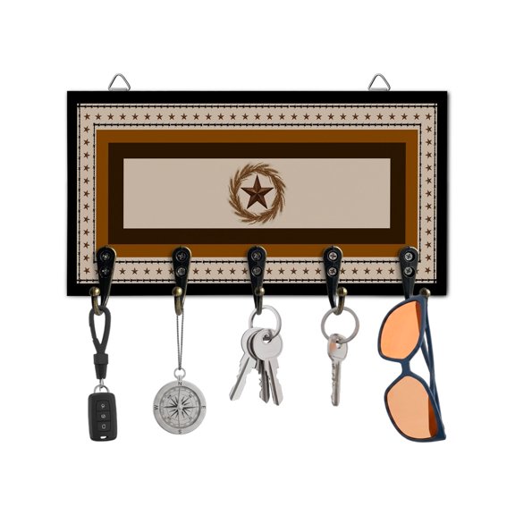 Key Holder for Wall Weatern Texas Star Brown Key Hooks Wood Wall Mounted Key Holder Rustic Wheat Ears Key Rack Organizer with 5 Hooks for Entryway, Hallway Office Bathroom Kitchen Home Decor