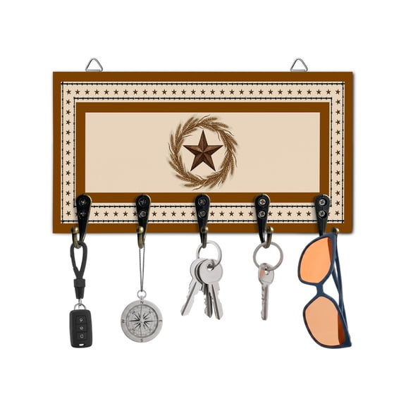 Key Holder for Wall Weatern Texas Star Khaki Key Hooks Wood Wall Mounted Key Holder Rustic Wheat Ears Key Rack Organizer with 5 Hooks for Entryway, Hallway Office Bathroom Kitchen Home Decor