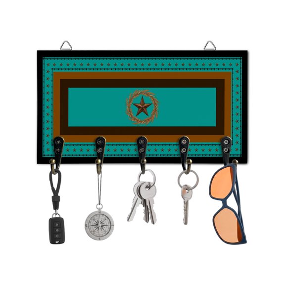 Key Holder for Wall Weatern Texas Star Turquoise Key Hooks Wood Wall Mounted Key Holder Rustic Wheat Ears Key Rack Organizer with 5 Hooks for Entryway, Hallway Office Bathroom Kitchen Home Decor