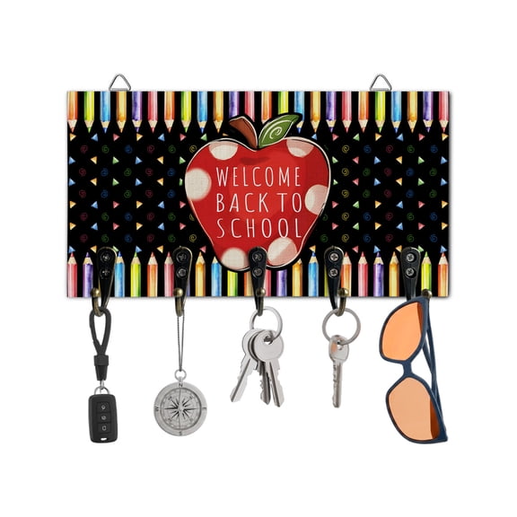 Key Holder for Wall Welcome Back To School Season Key Hooks Wood Wall Mounted Key Holder Colorful Pencil Black Key Rack Organizer with 5 Hooks for Entryway, Hallway Office Bathroom Kitchen Decor