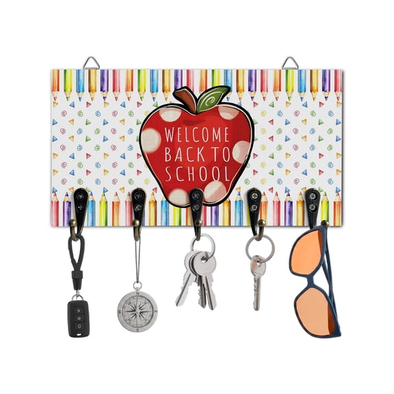 Key Holder for Wall Welcome Back To School Season Key Hooks Wood Wall Mounted Key Holder Colorful Pencil Key Rack Organizer with 5 Hooks for Entryway, Hallway Office Bathroom Kitchen Home Decor
