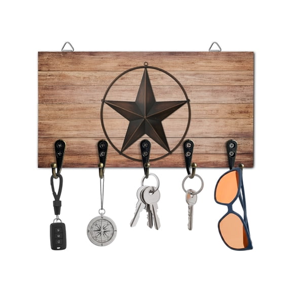 Key Holder for Wall Western Texas Star Barn Key Hooks Wood Wall Mounted Key Holder Rustic Brown Wood Grain Key Rack Organizer with 5 Hooks for Entryway, Hallway Office Bathroom Kitchen Home Decor