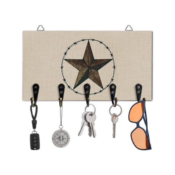 Key Holder for Wall Western Texas Star Barn Key Hooks Wood Wall Mounted Key Holder Rustic Retro Linen Key Rack Organizer with 5 Hooks for Entryway, Hallway Office Bathroom Kitchen Home Decor