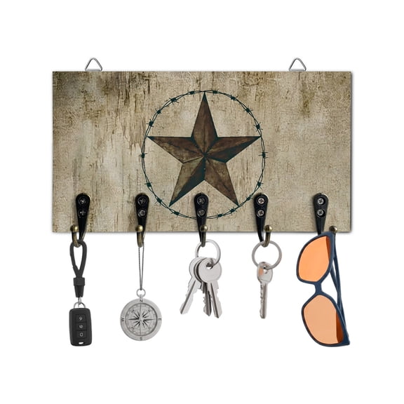 Key Holder for Wall Western Texas Star Barn Key Hooks Wood Wall Mounted Key Holder Rustic Retro Wood Grain Key Rack Organizer with 5 Hooks for Entryway, Hallway Office Bathroom Kitchen Home Decor