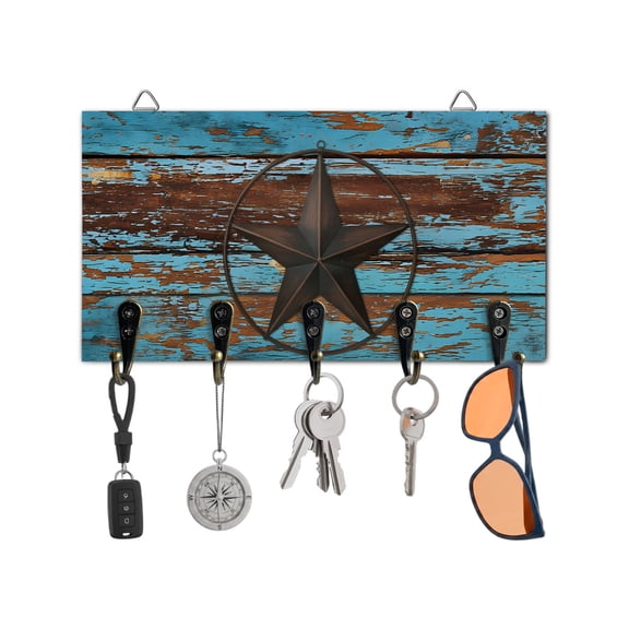 Key Holder for Wall Western Texas Star Barn Key Hooks Wood Wall Mounted Key Holder Rustic Teal Wood Grain Key Rack Organizer with 5 Hooks for Entryway, Hallway Office Bathroom Kitchen Home Decor