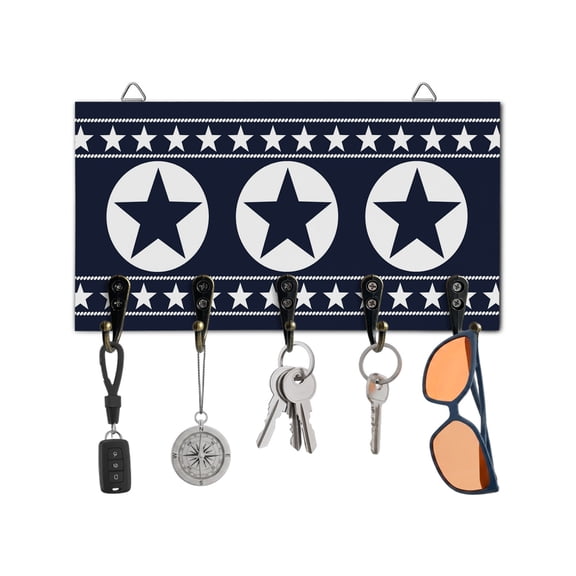 Key Holder for Wall Western Texas Star Retro Key Hooks Wood Wall Mounted Key Holder Tribal Navy Blue Key Rack Organizer with 5 Hooks for Entryway, Hallway Office Bathroom Kitchen Home Decor
