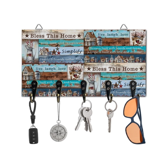 Key Holder for Wall Western Texas Star Wood Key Hooks Wood Wall Mounted Key Holder Farm Bless This Home Key Rack Organizer with 5 Hooks for Entryway, Hallway Office Bathroom Kitchen Home Decor