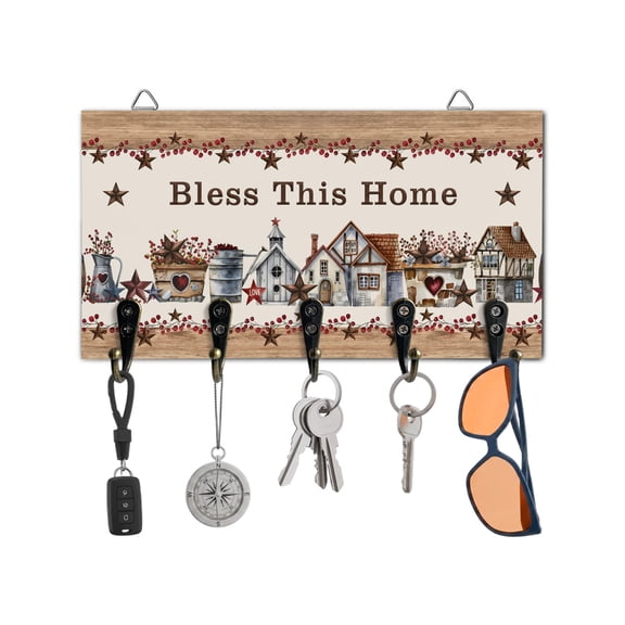 Key Holder for Wall Western Texas Star Wood Key Hooks Wood Wall Mounted Key Holder Red Berry Farmhouse Barn Key Rack Organizer with 5 Hooks for Entryway, Hallway Office Bathroom Kitchen Home Decor