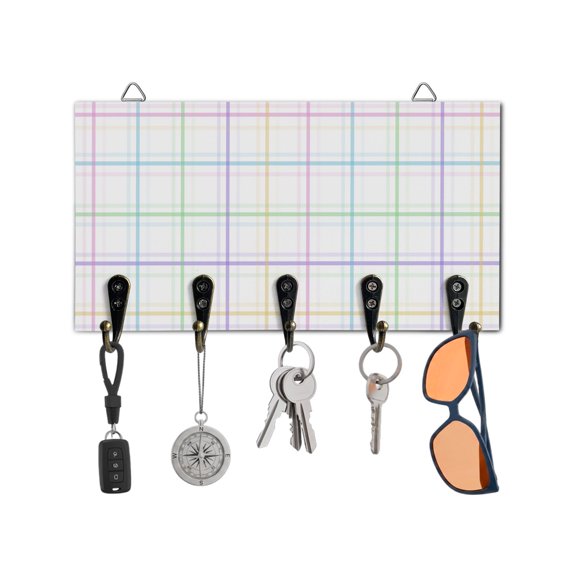 Key Holder for Wall White Buffalo Plaid Key Hooks Wood Wall Mounted Key Holder Colorful Check Key Rack Organizer with 5 Hooks for Entryway, Hallway Office Bathroom Kitchen Home Decor