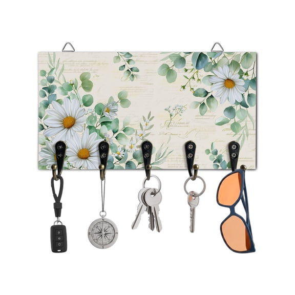 Key Holder for Wall White Daisy Key Hooks Wood Wall Mounted Key Holder Farmhouse Green Eucalyptus Leaves Key Rack Organizer with 5 Hooks for Entryway, Hallway Office Bathroom Kitchen Home Decor