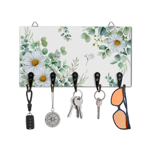 Key Holder for Wall White Daisy Key Hooks Wood Wall Mounted Key Holder Green Eucalyptus Leaves Key Rack Organizer with 5 Hooks for Entryway, Hallway Office Bathroom Kitchen Home Decor