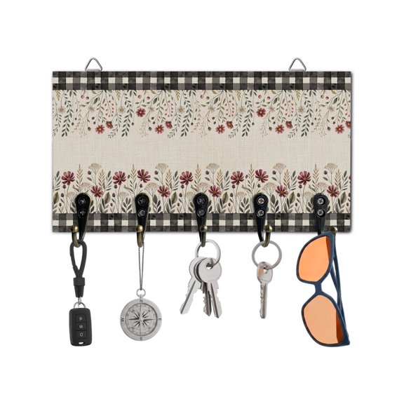 Key Holder for Wall Wildflower Branch Key Hooks Wood Wall Mounted Key Holder Floral Buffalo Plaid Linen Key Rack Organizer with 5 Hooks for Entryway, Hallway Office Bathroom Kitchen Home Decor