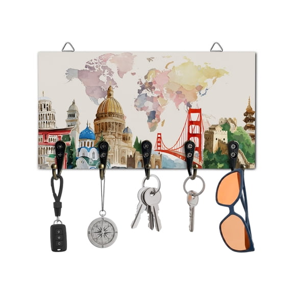 Key Holder for Wall World Map Key Hooks Wood Wall Mounted Key Holder Famous Building Tourism Bridge Key Rack Organizer with 5 Hooks for Entryway, Hallway Office Bathroom Kitchen Home Decor