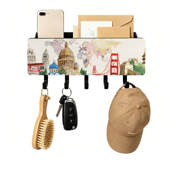 Key Holder for Wall World Map Key and Mail Holder with Shelf 5 Hooks Storage Key Organizer Rack Famous Building Tourism Bridge Wood Wall Key Hanger for Entryway Hallway Kitchen Office Home Decor