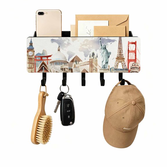 Key Holder for Wall World Map Key and Mail Holder with Shelf 5 Hooks Storage Key Organizer Rack Famous Building Tourism Landscape Wood Wall Key Hanger for Entryway Hallway Kitchen Office Home Decor