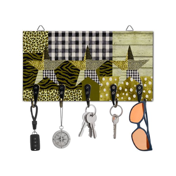 Key Holder for Wall Yellow Barn Star Plaid Key Hooks Wood Wall Mounted Key Holder Dots Zebra Leopard Print Key Rack Organizer with 5 Hooks for Entryway, Hallway Office Bathroom Kitchen Home Decor
