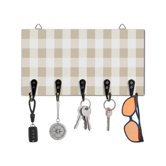 Key Holder for Wall Yellow Buffalo Plaid Key Hooks Wood Wall Mounted Key Holder Classic Checked Key Rack Organizer with 5 Hooks for Entryway, Hallway Office Bathroom Kitchen Home Decor