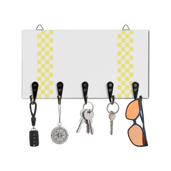 Key Holder for Wall Yellow Check Plaid Key Hooks Wood Wall Mounted Key Holder Buffalo Farmhouse Style Pattern Key Rack Organizer with 5 Hooks for Entryway, Hallway Office Bathroom Kitchen Home Decor