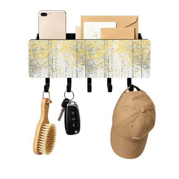 Key Holder for Wall Yellow Leaves Woodland Key and Mail Holder with Shelf 5 Hooks Storage Key Organizer Rack Tree Forest Painting Wood Wall Key Hanger for Entryway Hallway Kitchen Office Home Decor