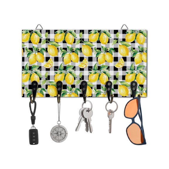 Key Holder for Wall Yellow Lemon Key Hooks Wood Wall Mounted Key Holder Fruit Black Buffalo Plaid Key Rack Organizer with 5 Hooks for Entryway, Hallway Office Bathroom Kitchen Home Decor
